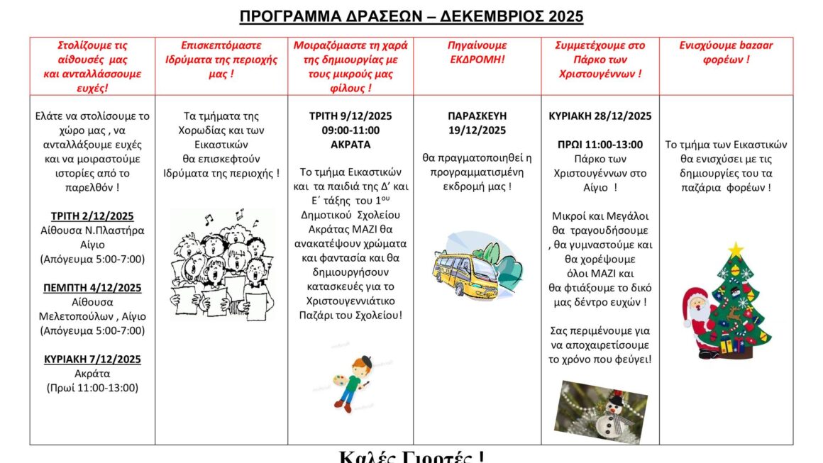 Πλούσιες και χαρούμενες δράσεις για τα μέλη του Κ.Α.Π.Η. Αιγιαλείας τον Δεκέμβριο 2025!