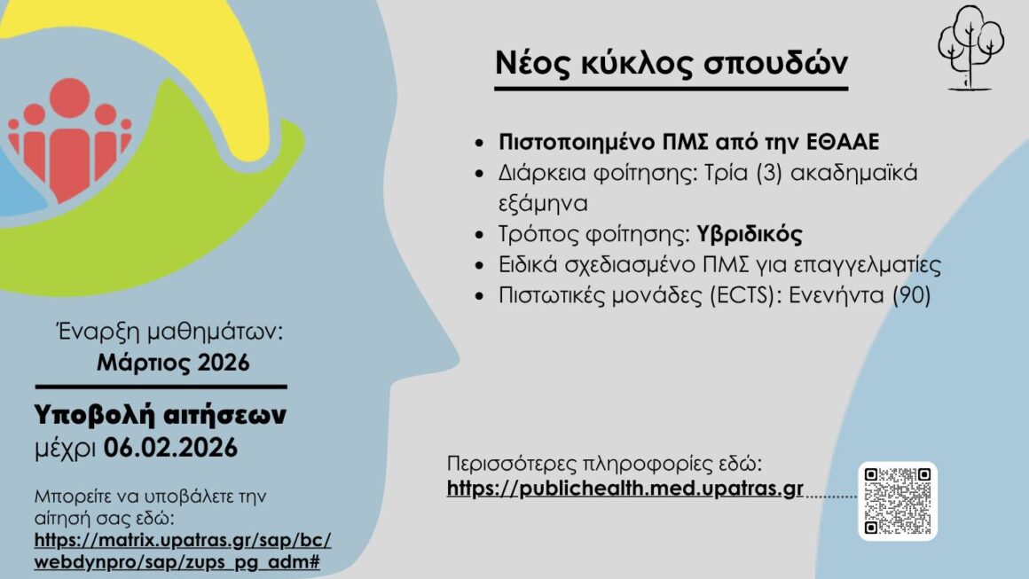 Αιτήσεις για εγγραφές στο ΠΜΣ “Δημόσια Υγεία-Public Health” (Τμήμα Ιατρικής, Πανεπιστήμιο Πατρών) έως τις 6 Φεβρουαρίου 2026